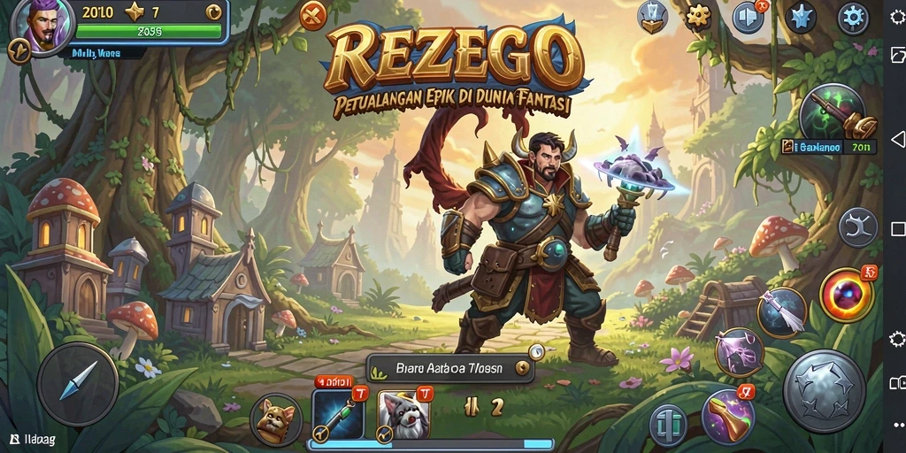 Screenshot utama REZEGO menampilkan aksi pertarungan mendebarkan dalam RPG.