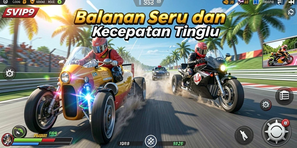 Tampilan balapan seru di SVIP9 dengan mobil yang melaju cepat.